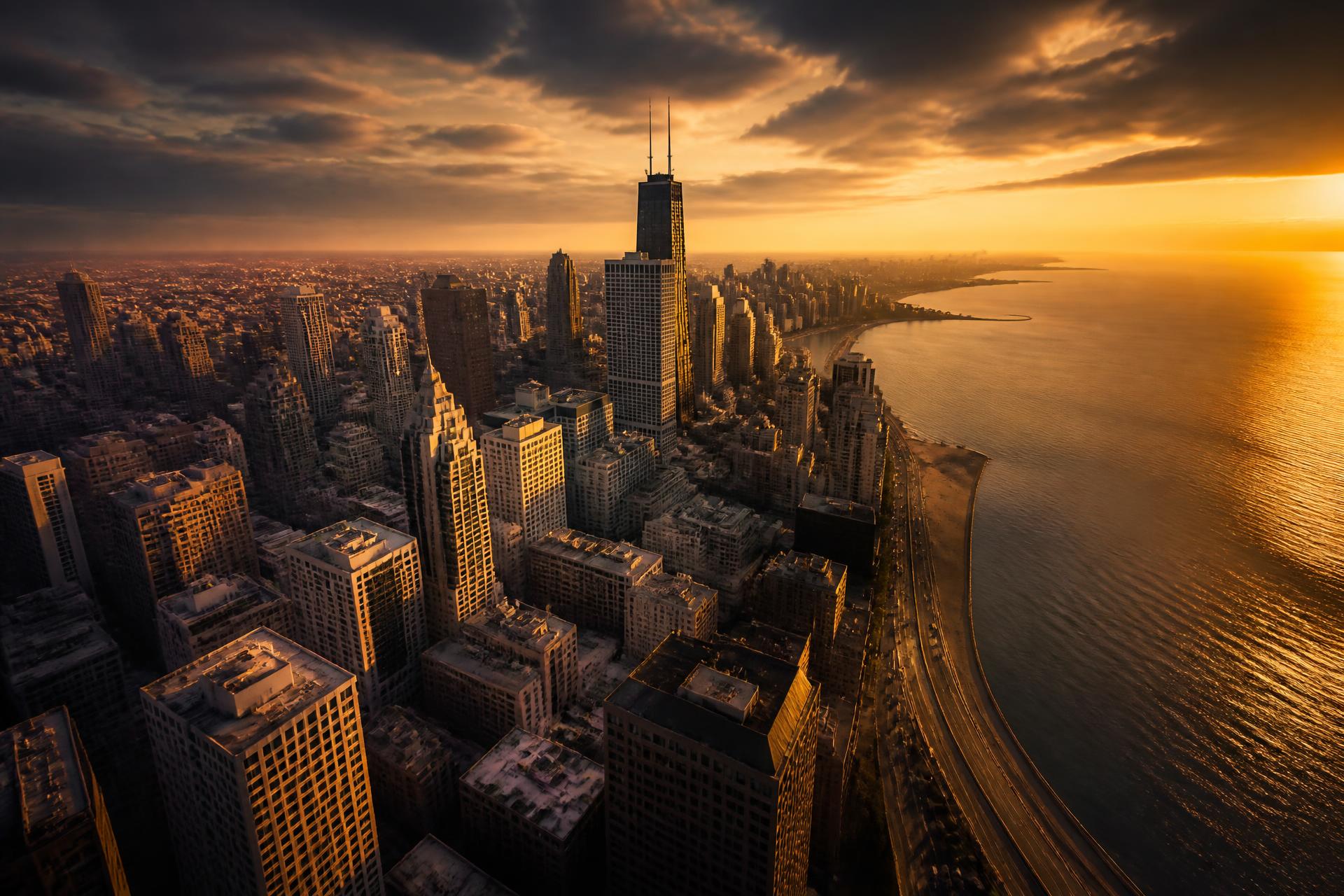 Chicago skyline at golden hour over Lake Michigan