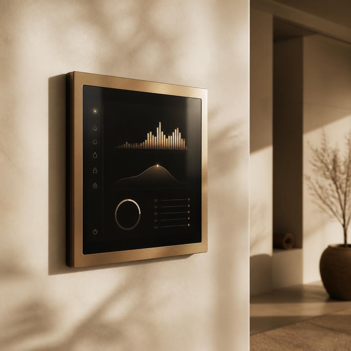 Luxury smart-home control interface on a brushed brass wall plate